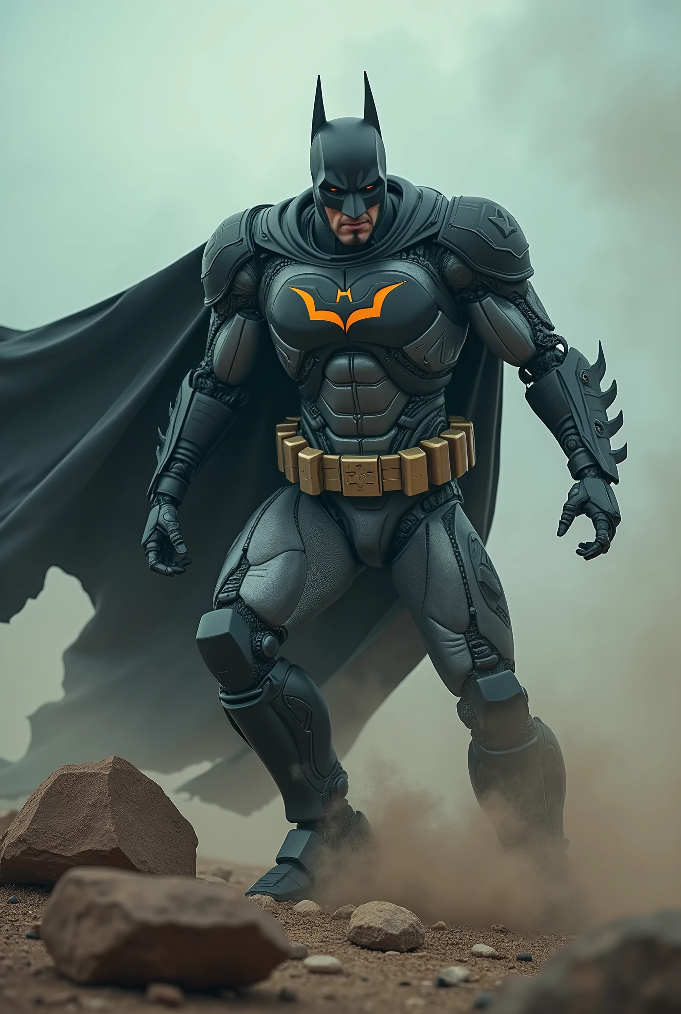 batman and a man in a suit are fighting over a rock, saudi futuristic warrior mecha, batman mecha, dramatic cinematic action shot, cyberpunk batman, cinematic action shot, dramatic action photography, cinematic battle, epic action shot, dramatic action shot, robot killing man, epic cinematic shot, dynamic dramatic shot, epic action scene, cinematic 4k wallpaper
