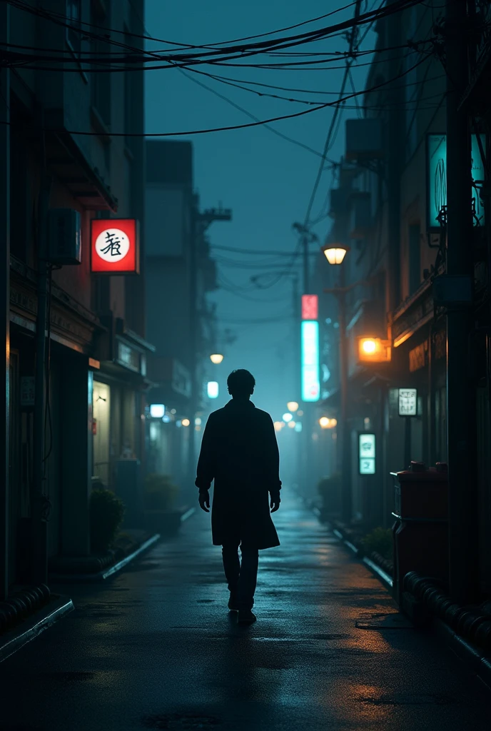 A person is walking on a street in Tokyo in the dark with dim lights