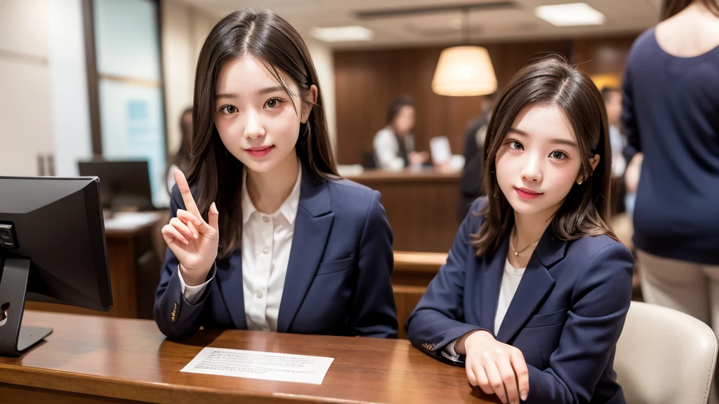 sit at the reception desk of a large company、Cute 20 year old girl、In a suit、The background is X(Old Twitter)Headquarters、Perfect beautiful face and fingers