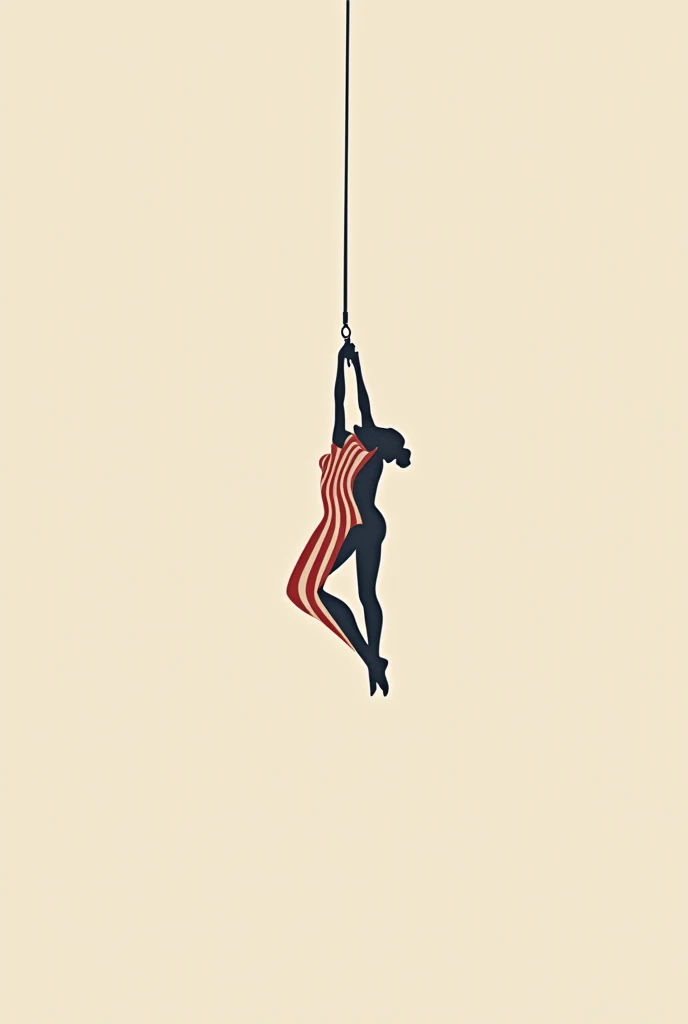 A simple side view logo of a circus arealist wearing red stripe overall doing trapeze hang