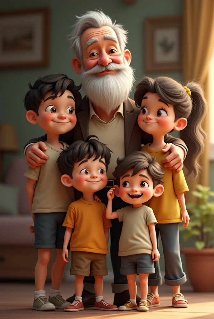 Grandpaa with spx with 4 children (1 short boy, 2 medium height boys, but 1 of them is little thin and 1 girl) 