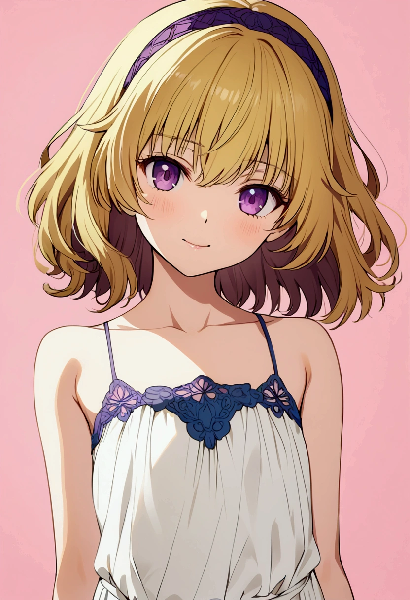 houjou_Satoko, 1 female, alone, Yellow Hair, blonde, Purple eyes, short hair, hair band, Flat Chest,