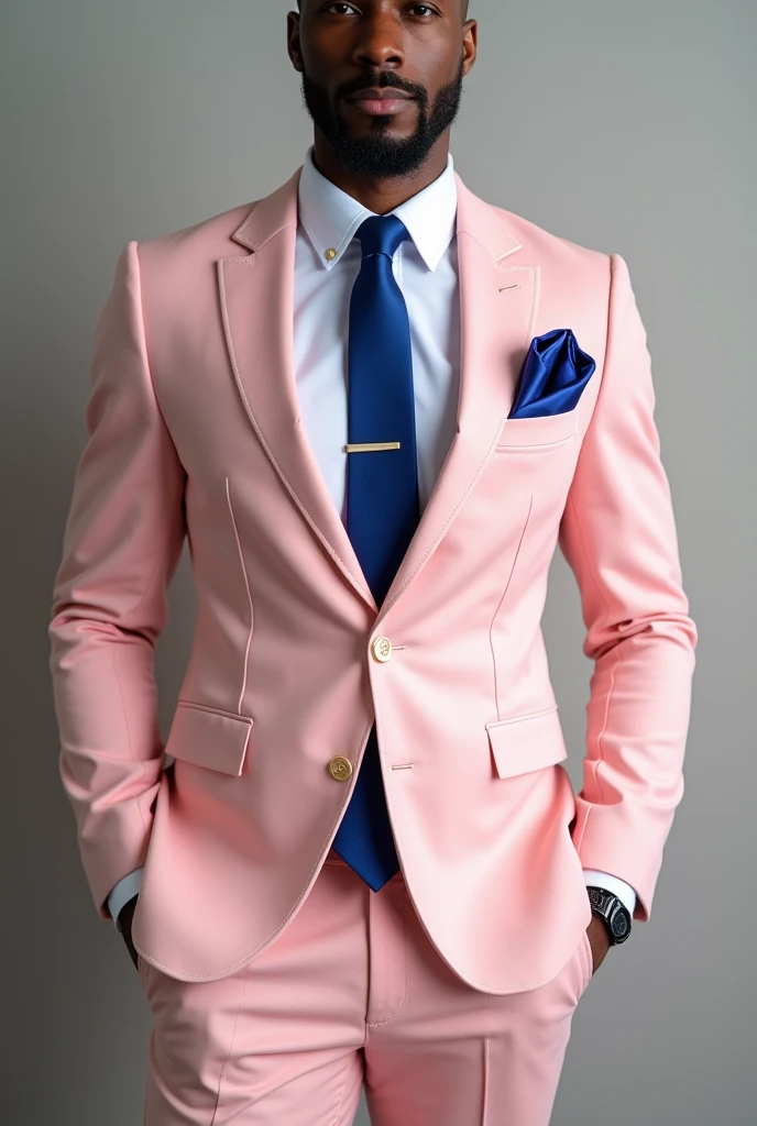 soft pink suit, white shirt and tie and deep royal blue handkerchief.