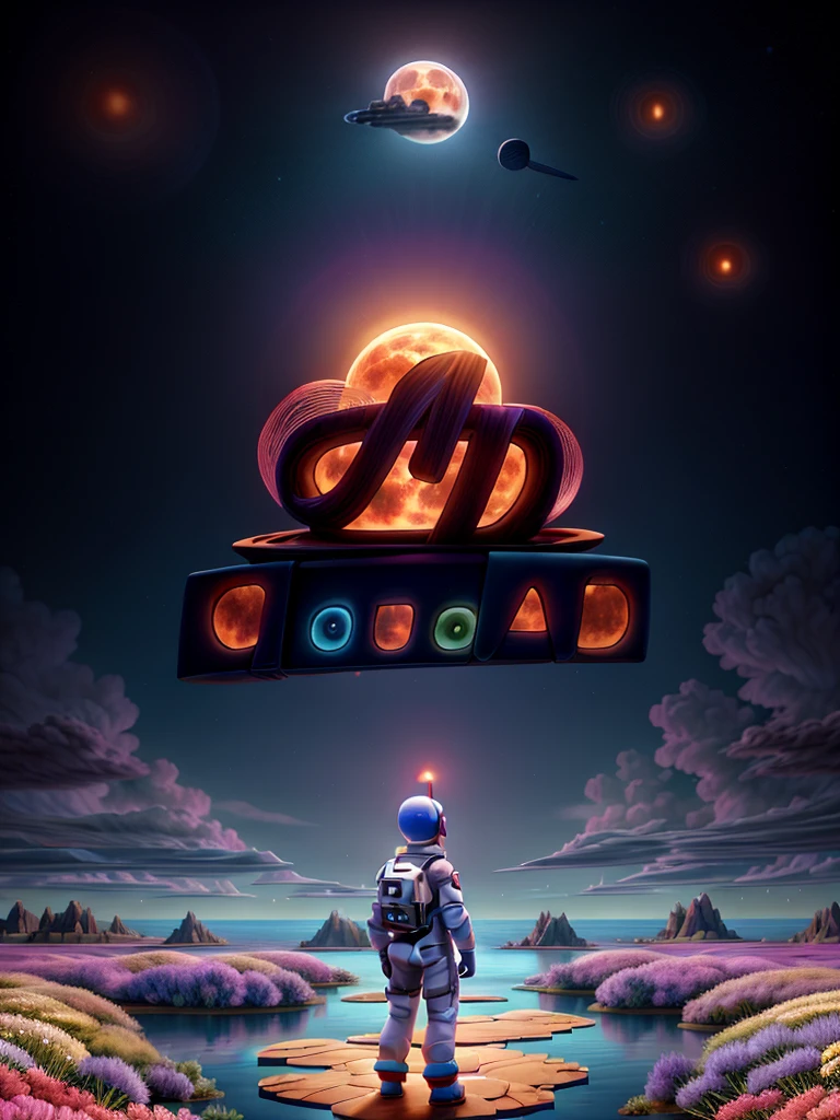 A dreamy, fantasy art scene featuring an astronaut standing on the moon, surrounded by a colorful sea of flowers. The "CloudAD” message is written in the sky. 8k, Pixar, masterpiece, wonderland with a vivid and imaginative atmosphere.