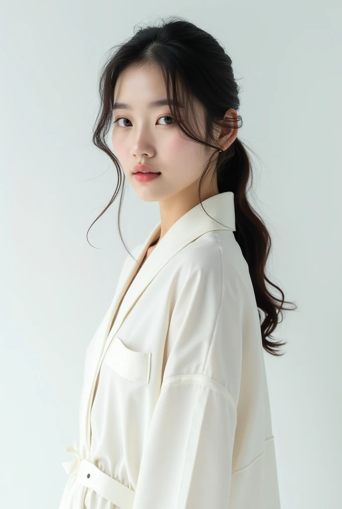 A korean female her face front she is stand with white background