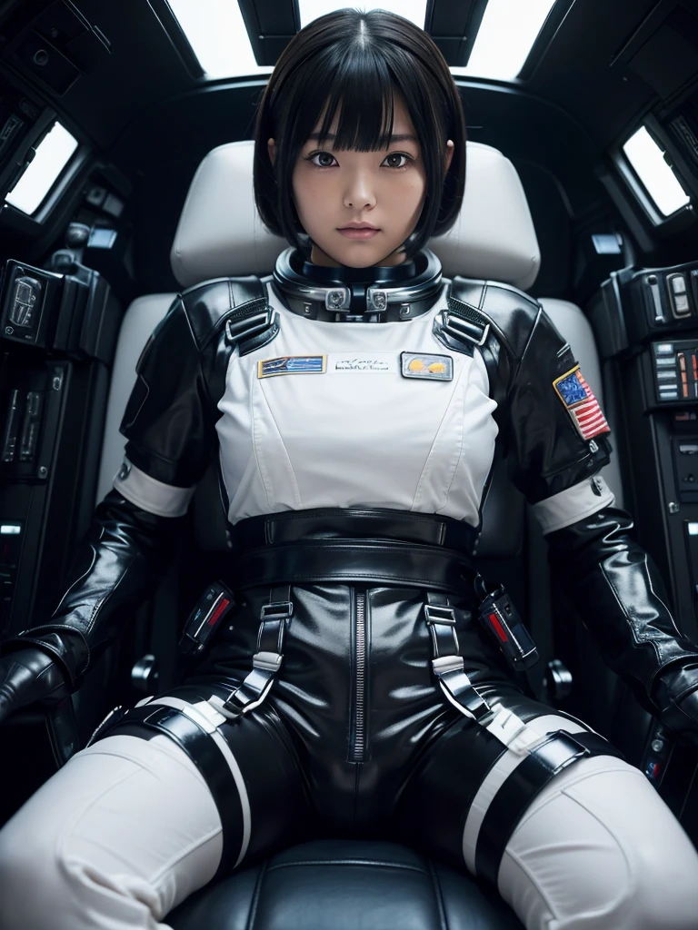 masterpiece, Highest quality, Very detailed, Japanese Android girl, Beautiful Japanese Women, Plump,Control panel,Android,cyborg,Blunt bangs,sitting in the cockpit of a spaceship,astronaut,He is attached to the back of a chair by a thick black harness.,His arms and legs are strapped to the chair with thick black leather straps.,