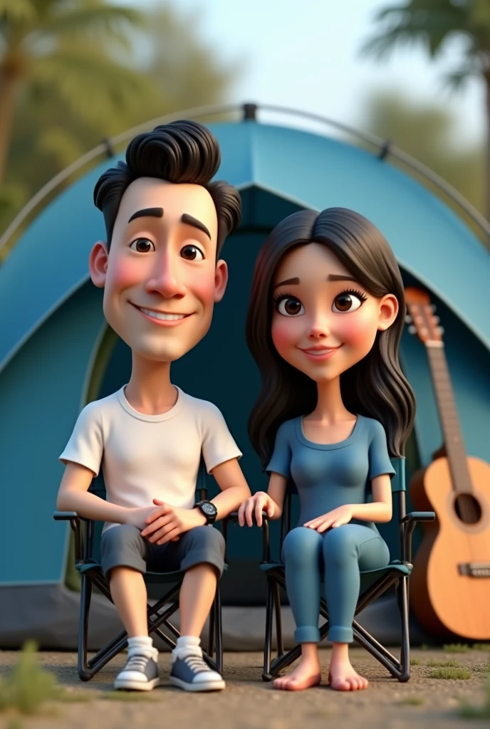 realistic 3d caricature. big head. a handsome man wearing glasses and a beautiful woman wearing a veil. 2. tall, slightly thin body, oval face shape. chin slightly oval. slightly round eyes, white skin, faint smile. stylish man with neat black hair, wearing a white t-shirt, black watch. veiled woman, wearing blue clothes. sitting side by side in folding chairs in front of a blue camping tent. The background is a camping sign, with a brown guitar leaning against the tent. Soft photography with sufficient lighting. Photos with very high detail