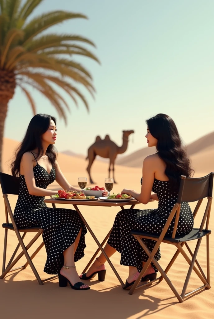 (photorealism:1.2), two 3 curvy asian women, long black hair, wearing black polka dot dresses, wearing black sandals, sitting on folding chairs, folding table full of food, desert background, sitting camel, date palm tree