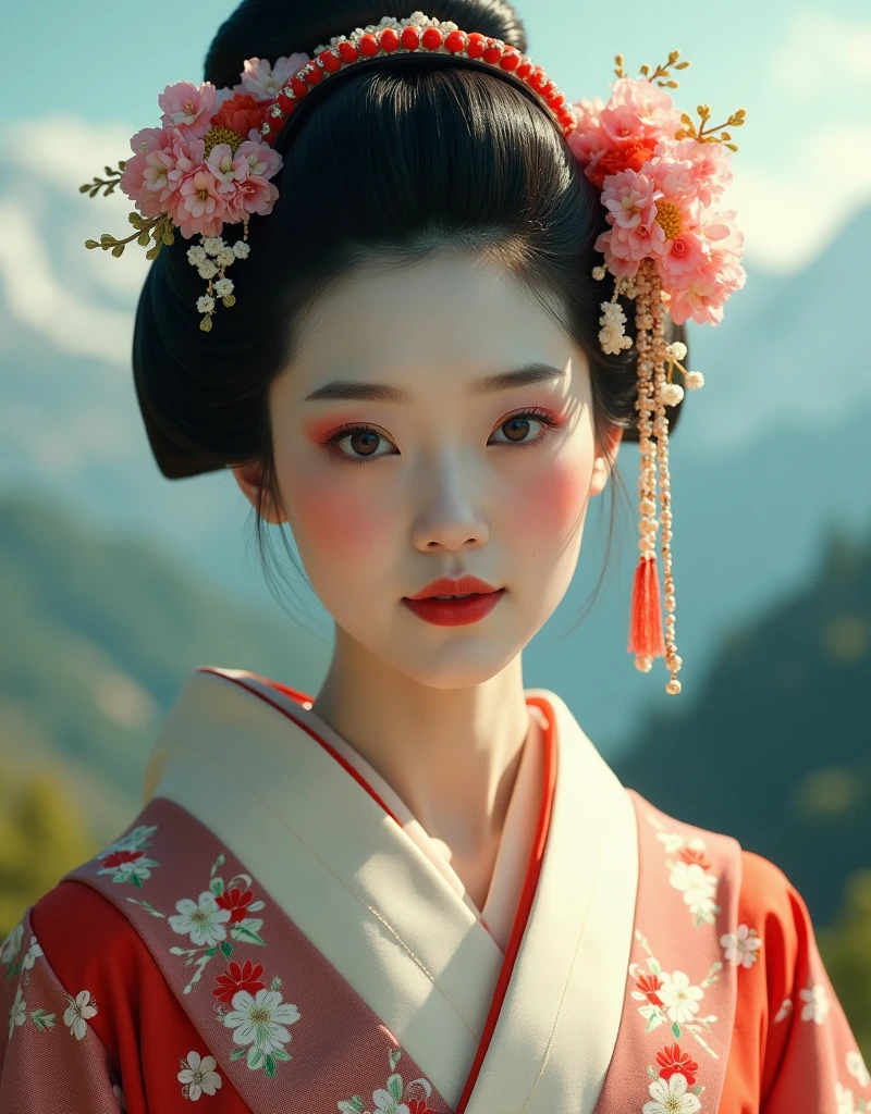 masterpiece, High resolution photos, Beautiful Japanese kimono woman, Her face is richly decorated, Very beautiful Japanese woman's face, Multiple Fronts, 8k, Ultra-high resolution, White Face, In the mountains, forest