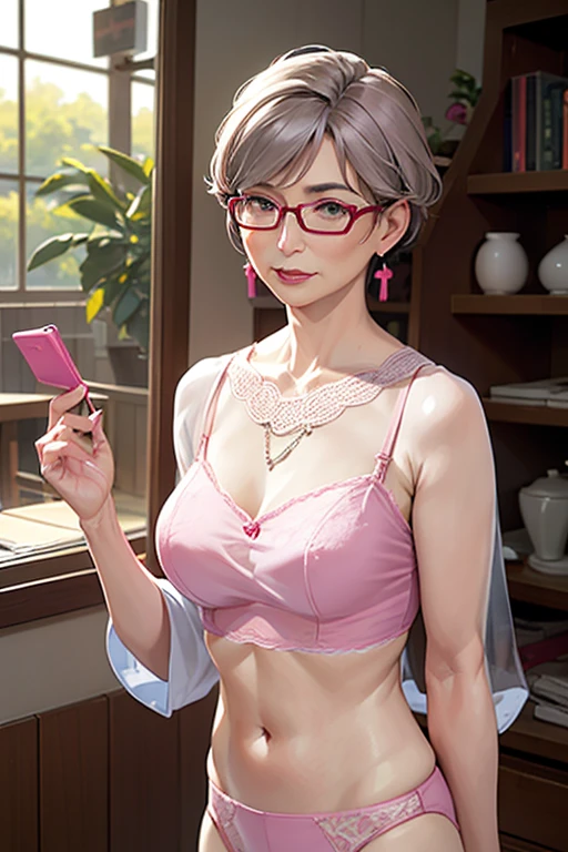 (60-year-old woman, Mature Woman:1.2), Japanese women, whole body, Sheer Lingerie, Browsing Caution, (Pink Frame) Glasses, One girl, alone, good, underwear, chest, jewelry, Earrings, Gray Hair, short hair, chestの谷間, sheer good, View your viewers, Realistic, large chest, Red lipstick