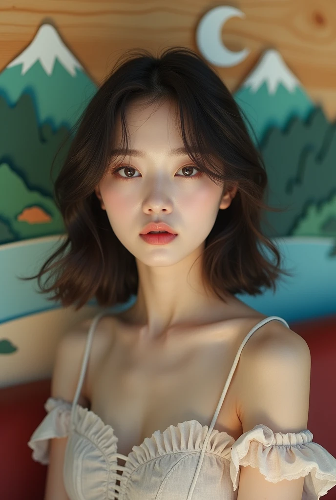 super impressive realistic photo quality, a close-up analog raw candid photo of, a most beautiful korean idol woman facing the viewer, wearing a trendy dress sitting in a cafe, the interior design of the cafe is very aesthetic and inside the cafe there are wall decorations (mountain-moon-river-landscape and women ) multi-layered cutout paper art style, the background looks very realistic with natural lighting in the room. most impressive image, faces are very detailed and clear. most impressive image, faces are very detailed and clear Natural lighting, (direct light:0.4), (insanely detailed, bloom:1.5), (highest quality, Alessandro Casagrande, Greg Rutkowski, Sally Mann, concept art, 4k), (analog:1.2), (high sharpness), (detailed pupils:1.1), detailed face and eyes, Masterpiece, best quality, (highly detailed photo:1.1), photographed by Canon EOS R6, 135mm, 1/1250s, f/2.8, ISO 400, Realistic, 8k, ((masterpiece)), looking at the viewer,  (detailed), detailed face, white skin,