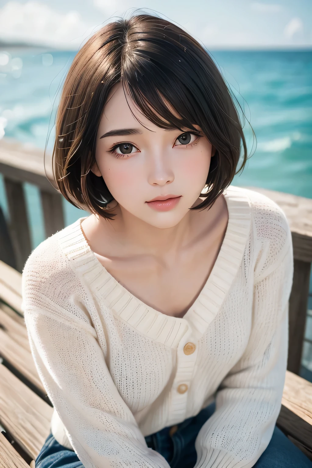 1girl, best quality, realistic, solo, depth of field, natural lighting, daytime, alluring, beautiful face, clean, pure face, pale skin, cute, short hair, beach, sunshine,flat chest, tiny breast, full body, ((sweater,beautfully face)),