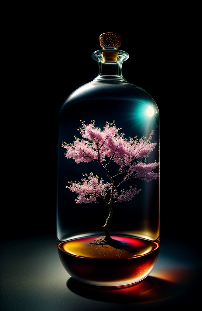 Cherry tree in a bottle, fluffy, realistic, atmospheric light refraction, photographed by lee jeffries, nikon d850 film Stock Photo 4 Kodak portra 400 camera f1.6 lens, rich colors, ultra realistic realistic textures, dramatic lighting, unreal engine trending on artstation cinestill 800, Style-Glass