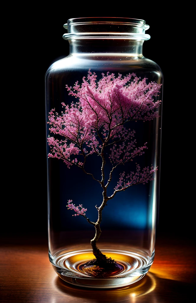 Cherry tree in a bottle, fluffy, realistic, atmospheric light refraction, photographed by lee jeffries, nikon d850 film Stock Photo 4 Kodak portra 400 camera f1.6 lens, rich colors, ultra realistic realistic textures, dramatic lighting, unreal engine trending on artstation cinestill 800, Style-Glass