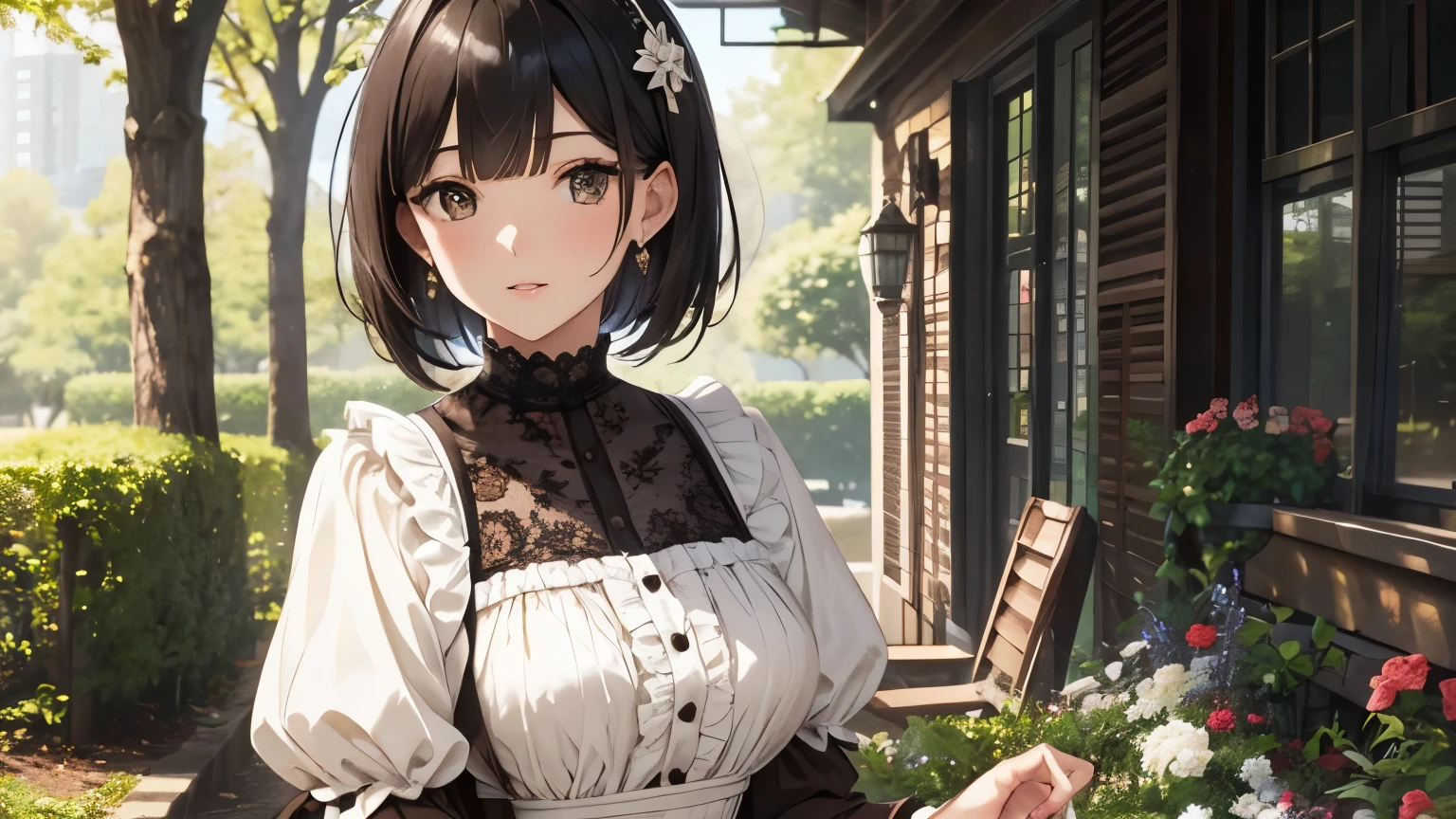 A beautiful woman wearing a brown and white pannier dress with lots of frills and lace Black short bob hair with hair ornament Upper Body lipstick