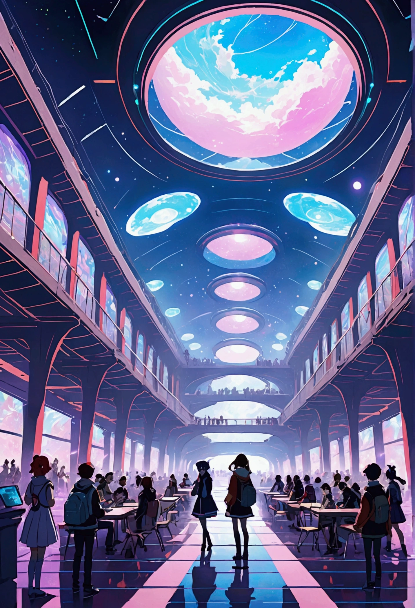 Futuristic tech fest in a college in Anime style
