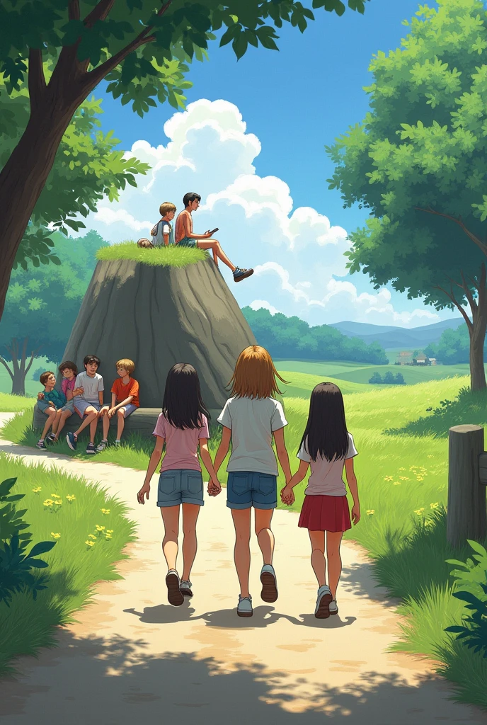 There is a kelvat in the road where some boys are sitting and two girls are walking in front of them