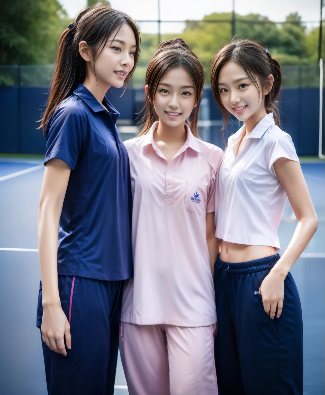 3 girls play tennis at tennis courts, Navy blue short-sleeved shirt,Navy Long Trackpant,Sweatpants, Sweatpantsขายาว,2 girl, lesbian, sexy, exercise clothes, wet body, exercise clothes