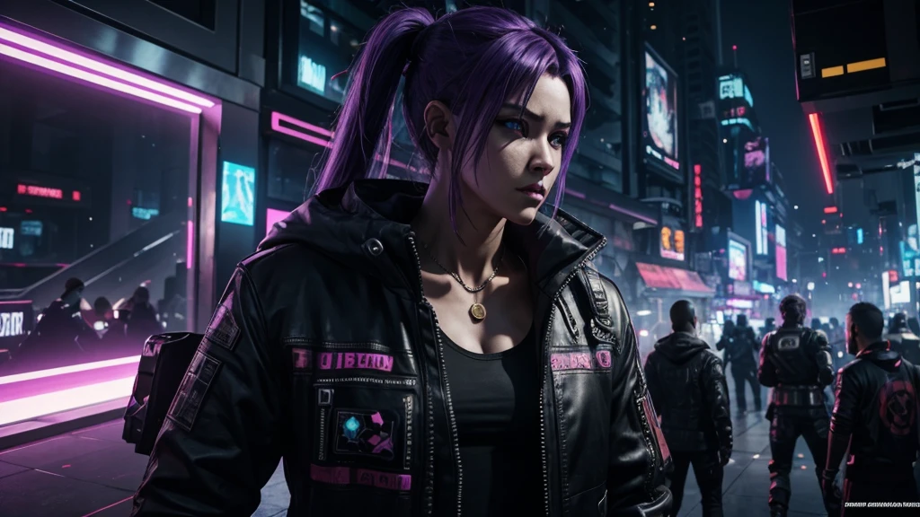 [Ultra-realistic][Cyberpunk-style] Ultra-realistic images of reality. Cyberpunk-style world. The protagonists win in battle royale or PVP and are excited to the max. Images of partygoers. The protagonist is a super beautiful woman with purple hair. Her companions are a vicious bear, a vicious rabbit, a golden-haired monkey, and cyberpunk-style cyborgs. The other characters are cyberpunk-style cyborgs. Created with a super-realistic feel like in the movies.