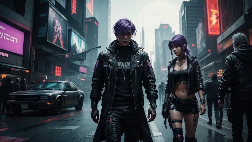 [Ultra-realistic][Cyberpunk-style] Ultra-realistic images of reality. Cyberpunk-style world. The protagonists win in battle royale or PVP and are excited to the max. Images of partygoers. The protagonist is a super beautiful woman with purple hair. Her companions are a vicious bear, a vicious rabbit, a golden-haired monkey, and cyberpunk-style cyborgs. The other characters are cyberpunk-style cyborgs. Created with a super-realistic feel like in the movies.