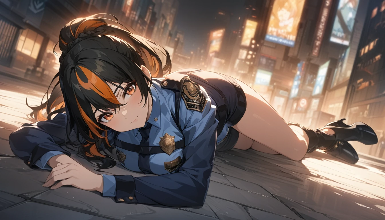 masterpiece，high resolution，Anime Art，Anime Numbers， 4k anime wallpaper，Soft Light，Radiant Skin，Looking at the camera，Solitary，An anime girl，Lying on the street，Black high ponytail，Striped hair，Orange Eyes，Slim police uniform，High heel，Modern city night view，Full body view