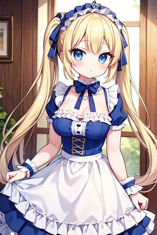 Highest quality,masterpiece,Blonde with blue eyes、Lolita、Beautiful breasts、Twin tails、Girl&#39;s Mischief,Alice in Wonderland,Japan,countryside,Black-rimmed round glasses,
