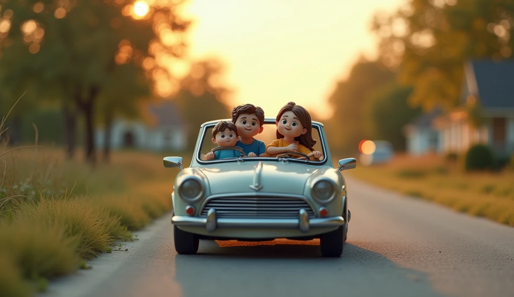 (masterpiece:1.2, best quality,Ultra-high resolution,Very detailed),8K,(wallpaper),(Reality:2.0),(RAW photos:2.0),(Plastic model:2.0),(A family of four traveling by car:2.0),(house,Trees,the way,Relaxed expression,Very simple design),matte paint,sideways