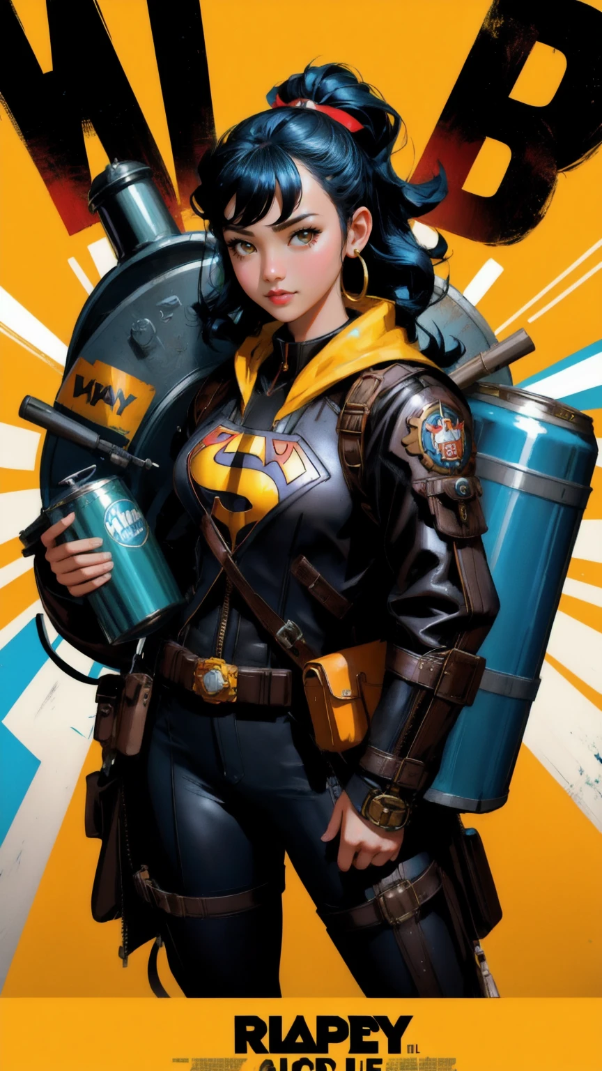 arafed image of a beautiful cute girl in a superhero costume with a gas can, yellow background concept art inspired by Rudy Siswanto, trending on Artstation, neo-dada, blockbuster movie art, movie poster character, movie promotional image, movie promotional art, buff man, superhero from the boys tv show, butcher billy, superhero, blockbuster movie, butcher billy style, steampunk superhero