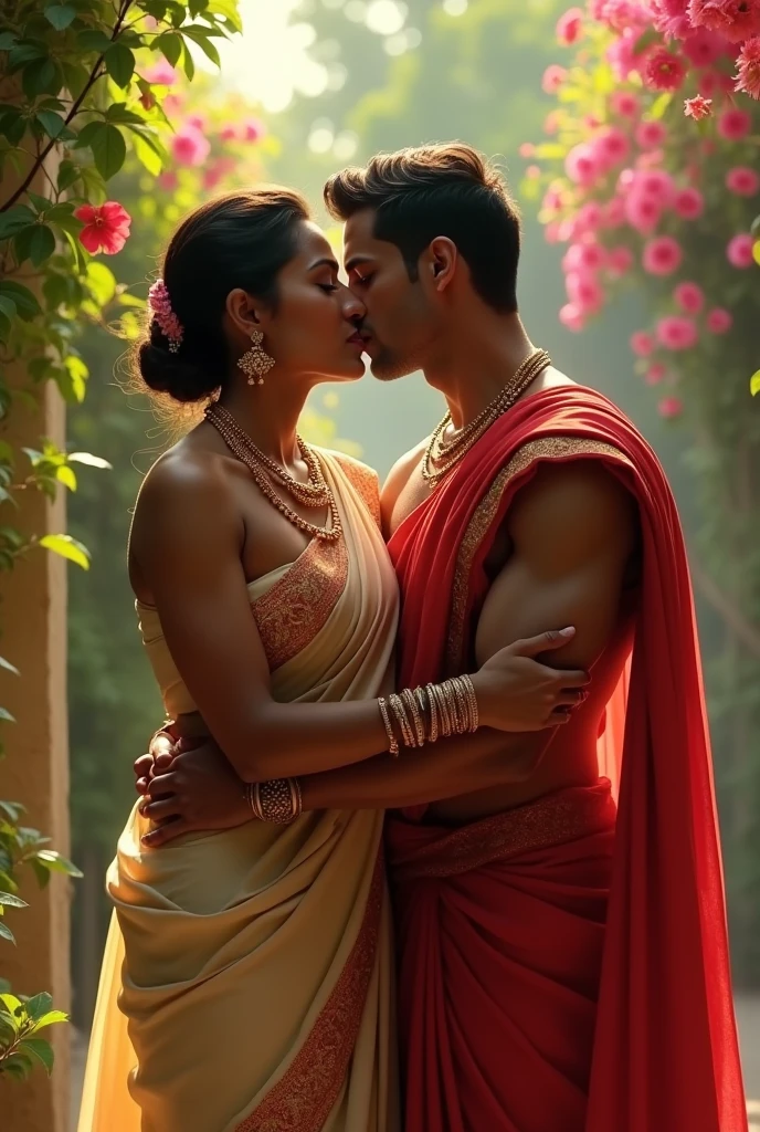 Men with a saree and kissing a women