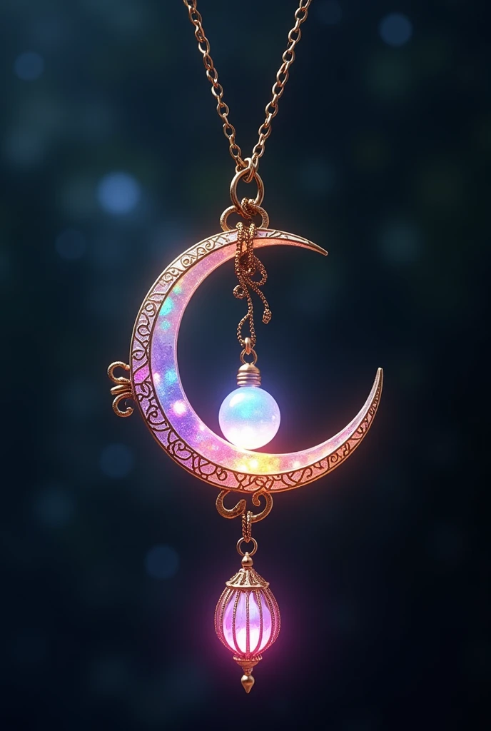 This is an enchanting crescent moon necklace, featuring a glowing, luminescent design. The crescent moon pendant is large and dominates the design, curving gracefully with a delicate filigree pattern that adds intricate detail to its surface. The crescent has a soft, radiant Rainbow glow that emanates from within, creating a magical and otherworldly effect. Hanging from the inside of the crescent moon is a small, spherical crystal or orb, encased in an ornate, Golden metal cage. The orb also emits a faint Rainbow glow, harmonizing with the light of the crescent moon. The metal cage surrounding the orb is intricately designed, with delicate swirls and loops that add a touch of elegance and complexity. The pendant is attached to a fine, Golden chain that complements the overall design. The chain is simple and unobtrusive, allowing the focus to remain on the glowing crescent moon and orb pendant. The overall aesthetic of the necklace is mystical and celestial, perfect for someone who appreciates unique, fantasy-inspired jewelry with a touch of magic.