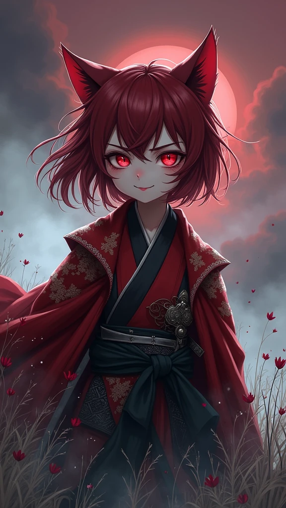 high resolution。Beautiful Face。cowboy shot。A woman in scarlet ronin clothing。Samurai Pose。Beautiful feet。Messy red short hair。forehead。Cat ear。Cat Eyes。 (Crimson silver grass field:1.4) 。A world of thick fog,。Red Eyes。clothes are blowing in the wind。Grin。Holding the sword at his waist。alone。Japan。Red Sky。Chiaroscuro,high quality, (RAW photo, best quality), (realistic, photorealistic: 1.4), (extremely delicate and beautiful: 1.4), amazing, fine details, masterpiece, ultra detailed, high resolution, best illustration, best shadow, intricate, ( extremely intricate: 1.2), (exquisitely detailed skin), cinematic light, perfect anatomy, (cool color: 1.4), sharp focus, 8k UHD, DSLR, (Fujifilm XT3),(fondo casas antiguos japonés :1.4), (iluminación cinematográfica :1.4), (colores brillantes)
