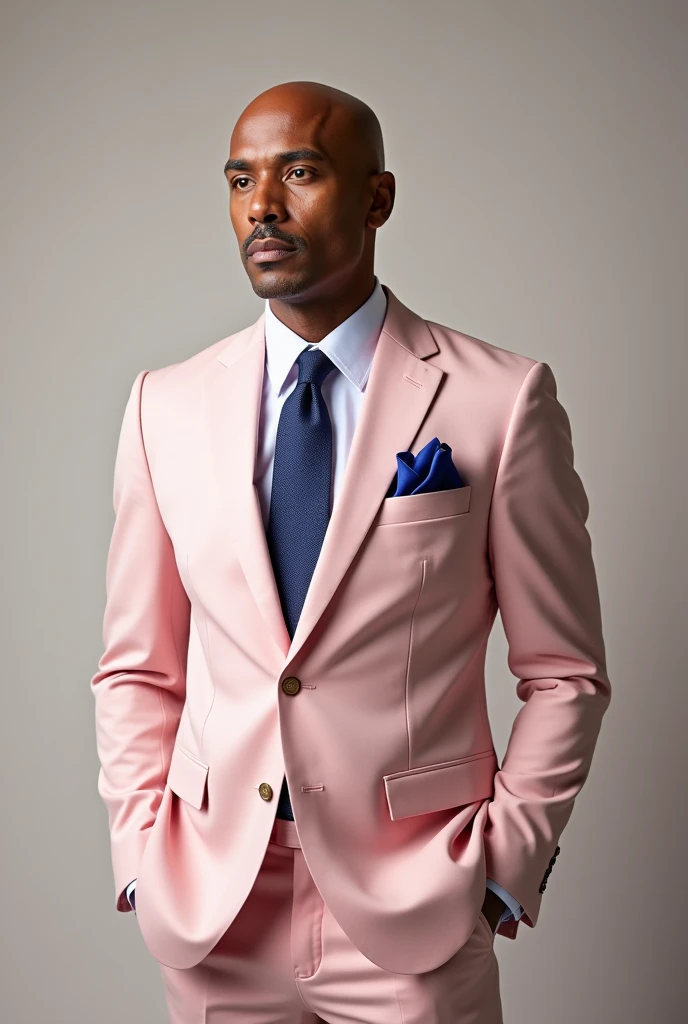 Bald man in soft pink suit, white shirt and tie and deep royal blue handkerchief.