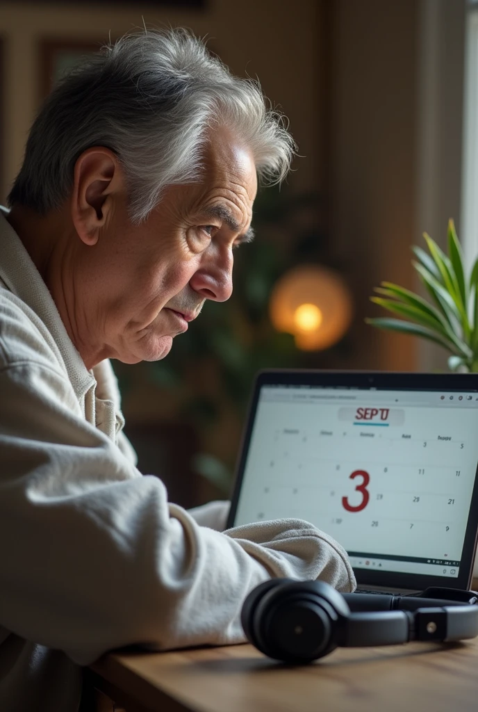 A man looks at the calendar; the date on the calendar is September 3. There is a laptop and headphones on the table nearby. Home environment. Man dressed in pajamas