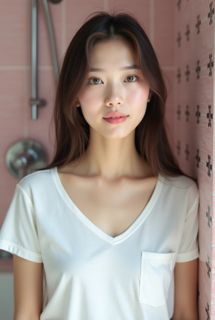 This is a high-resolution photograph of a young woman of East Asian descent, likely in her late teens or early twenties. She has a fair complexion, long, straight, dark brown hair that cascades past her shoulders, and large, expressive green eyes with subtle makeup that highlights her natural beauty. Her lips are full and slightly parted, with a natural, soft pink hue. She is wearing a simple, white V-neck T-shirt that appears to be made of a soft, cotton-like material. The T-shirt has a small pocket on the left breast. The background suggests an indoor setting, likely a bathroom or a similar space due to the presence of a pink-tiled wall with a decorative pattern of small, pink tiles interspersed with a darker, geometric design. A white bathtub is partially visible to the left, and a chrome showerhead is mounted on the wall above it. The lighting in the photograph is natural, likely from a window, casting a soft, even glow that highlights her features without harsh shadows. The overall mood of the image is calm and serene, with a focus on the subject's natural beauty and the simplicity of her attire.