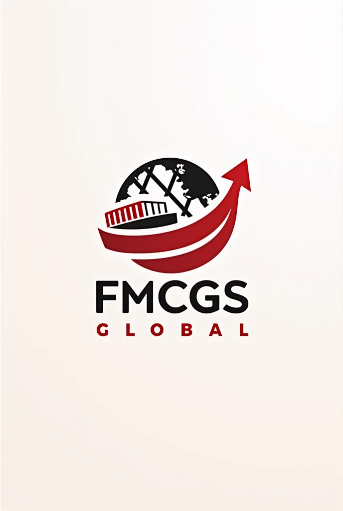 draw me an import export company logo with a container symbol, ship, arrow, Earth. Name: FMCGS GLOBAL, Main color: red white, professional creative style