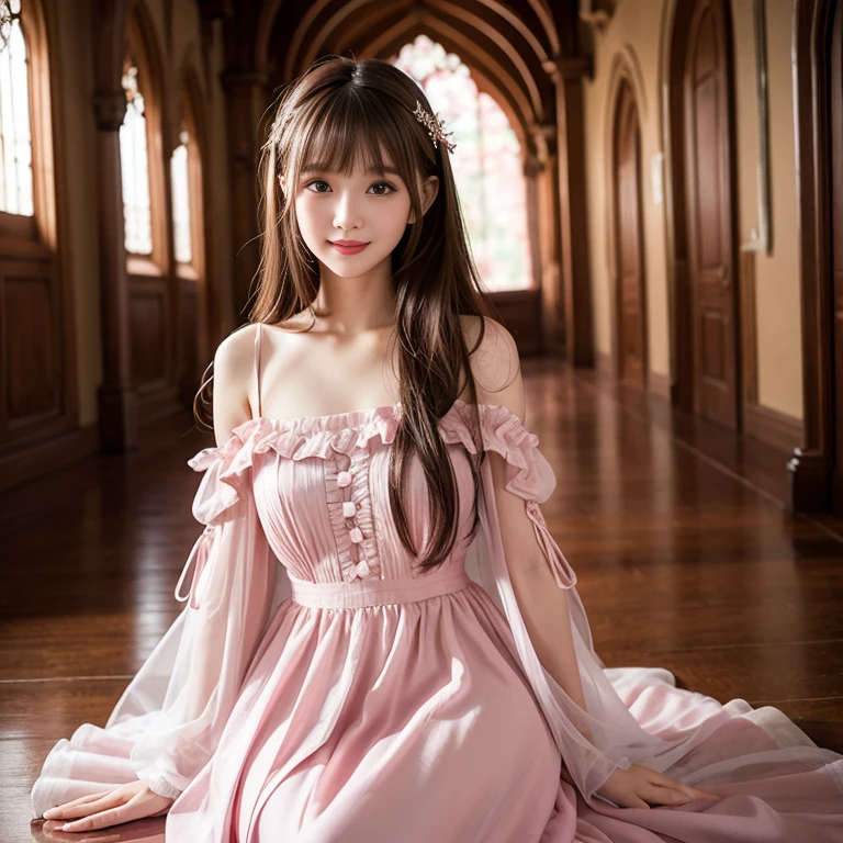 Wearing a pink gauze princess dress，in the castle，knee shot,laughing out loud，2，1 female, light brown hair, blunt bangs, hair behind ears, Shoulder length hair, long hair, Slender body type, 超face slimming型, face slimming