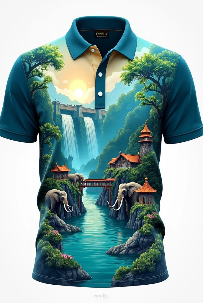 The polo shirt is designed in blue-green. The shirt has tourist attractions such as a dam, three-headed elephants, and the tourism gate of the western region. The slogan is “Beautiful forest, clear water, big fish, kind-hearted people.”