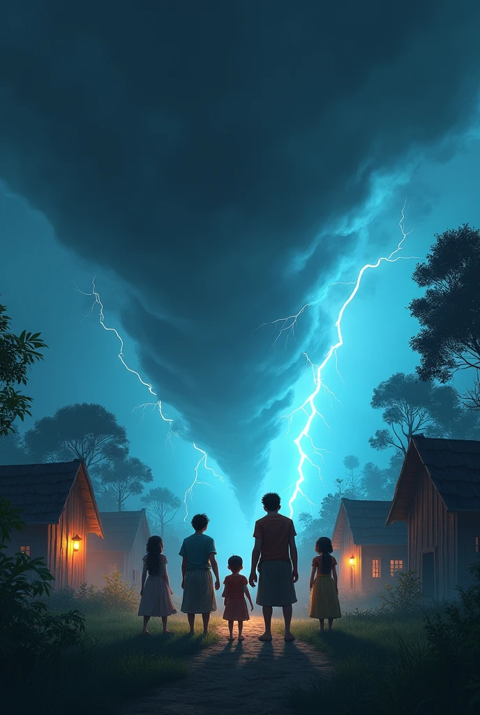 3D Animation Cartoon "Dark storm clouds gather menacingly over the village, the sky turning from blue to ominous shades of gray and black. The wind begins to pick up, bending trees, and rustling leaves. Lightning flashes in the distance, casting eerie light over the village houses. Villagers rush to secure their homes and animals, while Rohaan and his friends stand together, determined and ready to use their powers. The air is filled with tension and anticipation, as the storm looms closer, its powerful winds and dark shadows signaling impending danger. The scene captures the drama"