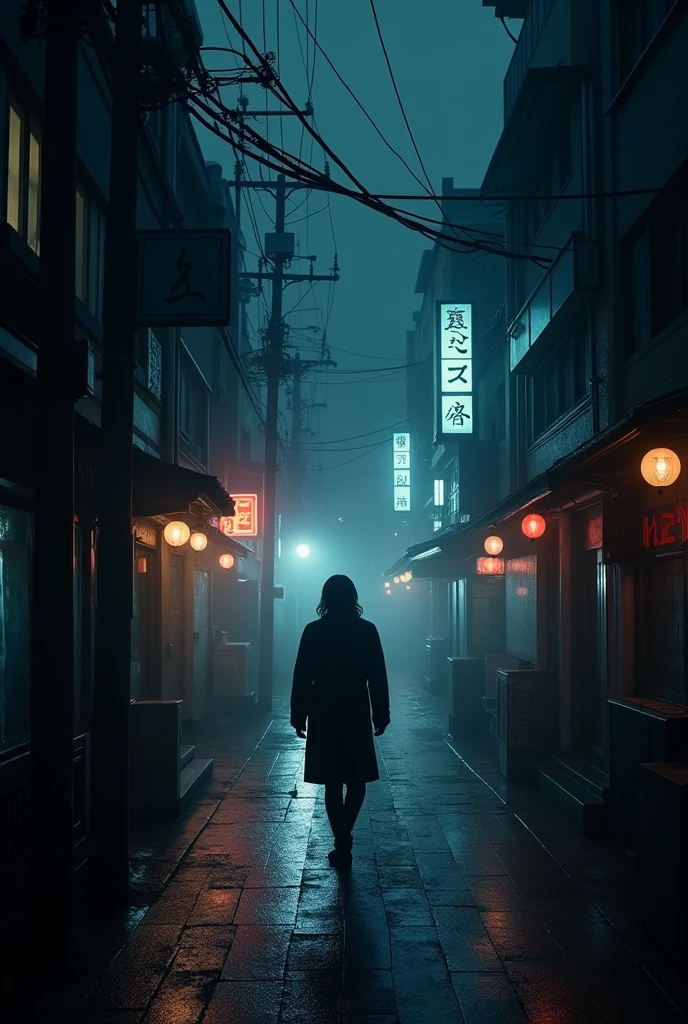 A person is walking on a street in Tokyo in the dark with dim lights