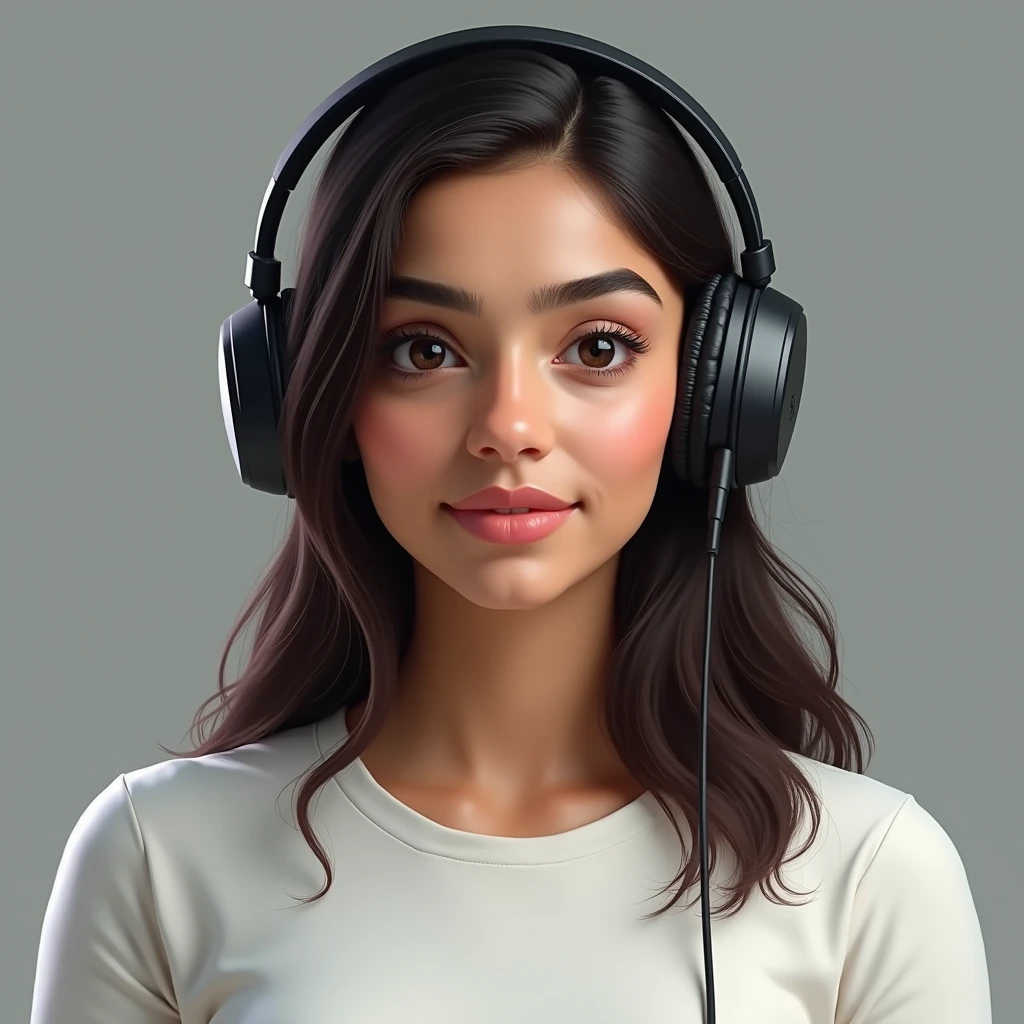 Beautiful indian Telugu girl with gaming headset and white t shirt and normal eye brows without makeup that girl age 24 . Lite dark skin tone.
