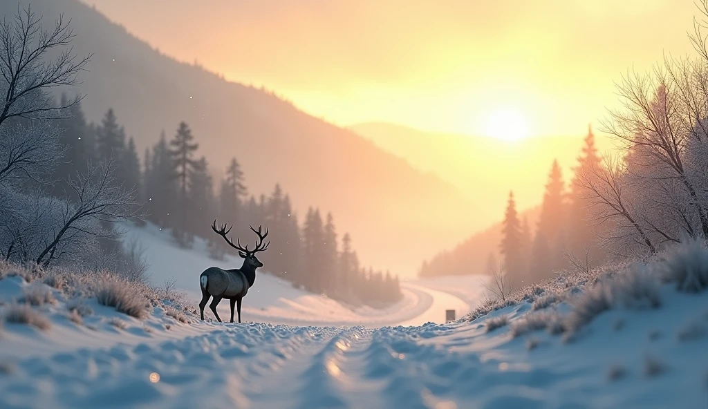 snow landscape，Back shadow，The scene is，solo，deer standing in far, look around, one side Golden sky, Go into the distance，Heavy snowfall，Roads to distant places，Trees wither in winter，blanketed in a mantle of snow，Winter tones，somber mood，The vista is a mountain，（Snowflakes drift in the endless sky），8k wallpaper，cinema4d，Cinematic lighting effects，light and shadow effect，Tyndall，rendering by octane，White balance，Unreal 5，Extremely detailed picture，light particules，depth of fields，tmasterpiece，realisticlying