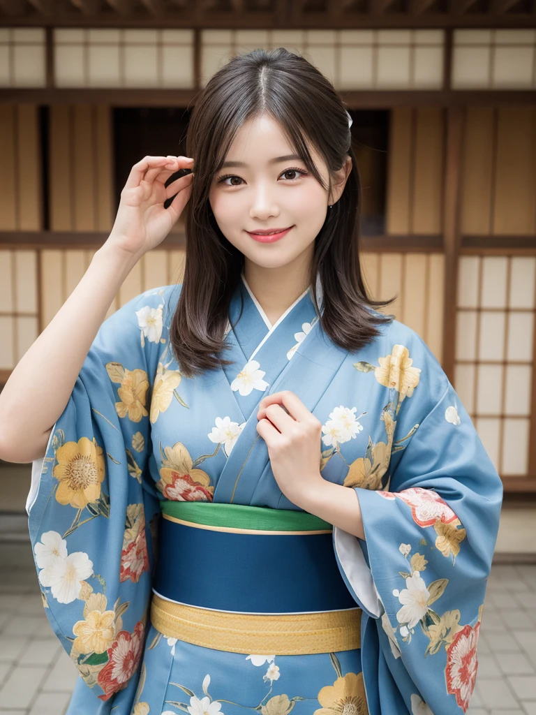 1girl, solo, highres, best_quality, masterpiece, detailed_background, intricate_details, beautiful, kanazawa, higashi_chaya_district, tea_house, traditional_clothes, kimono, serene, smile, looking_at_viewer, dynamic_pose, natural_pose, candid, happy