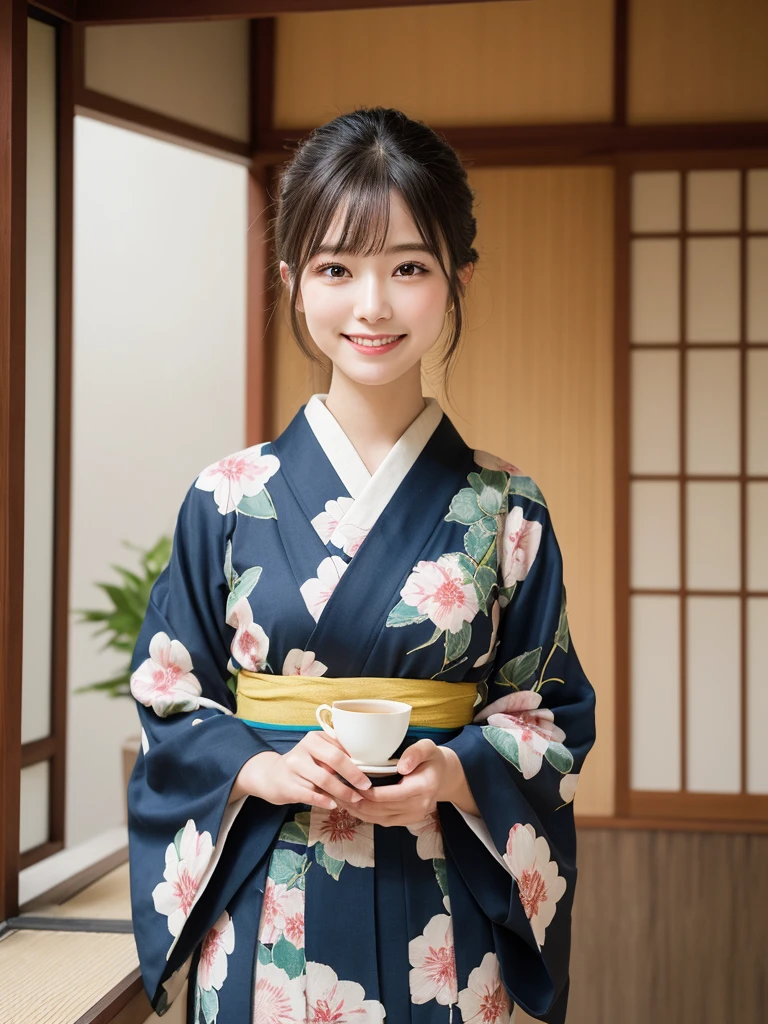 1girl, solo, highres, best_quality, masterpiece, detailed_background, intricate_details, beautiful, kanazawa, higashi_chaya_district, tea_house, traditional_clothes, kimono, serene, smile, looking_at_viewer, dynamic_pose, natural_pose, candid, happy