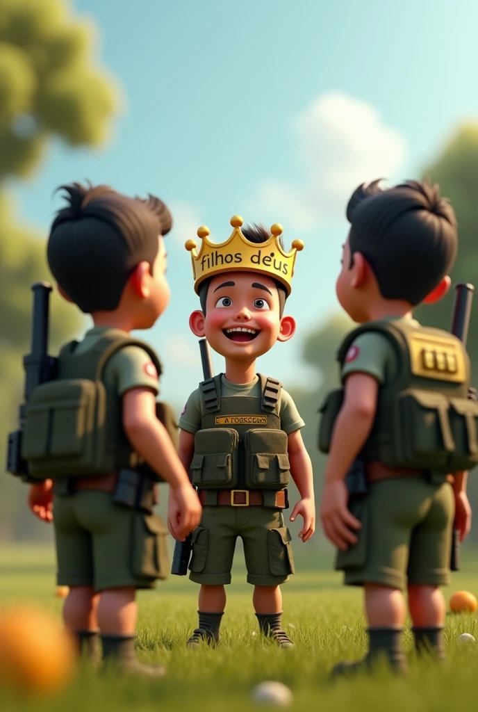 A 3D rendering of a group of soldiers with happy and has a soldier in the middle laughing and their eyes are not to the sides but straight. They are wearing bulletproof vests and have guns hanging on their backs, are having a friendly conversation and smiling. The middle soldier is wearing a crown with the phrase "Filhos de Deus" written on it, the phrase is very apparent without any writing defect. The background is a sunny landscape of grass, trees and a clear sky. The image has a realistic design with light and shadow effects.