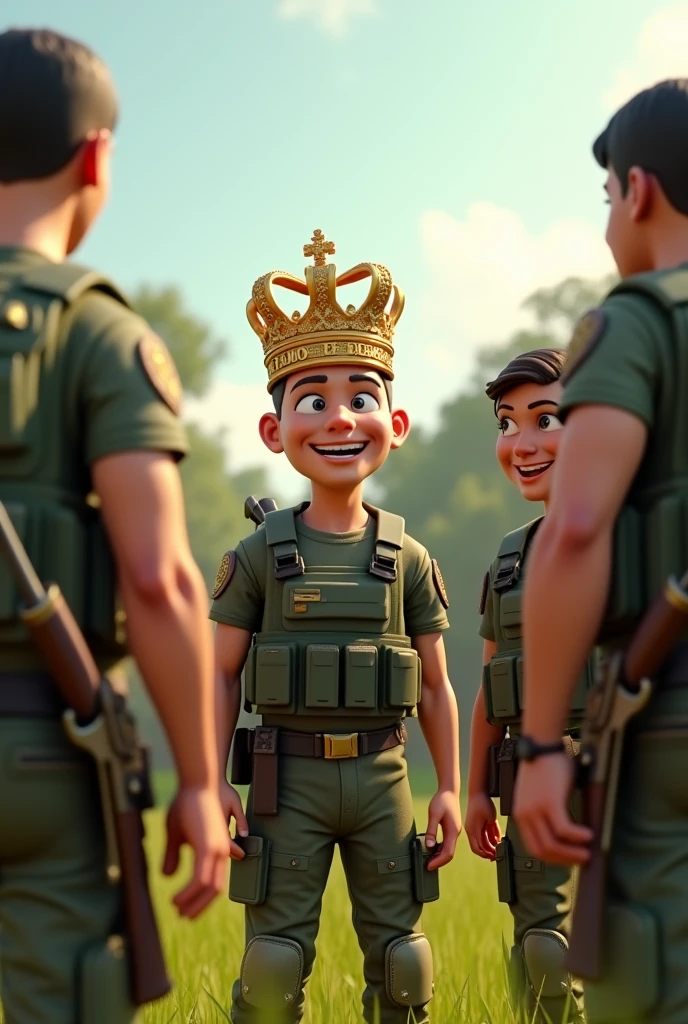 A 3D rendering of a group of soldiers with happy and has a soldier in the middle laughing and their eyes are not to the sides but straight. They are wearing bulletproof vests and have guns hanging on their backs, are having a friendly conversation and smiling. The middle soldier is wearing a crown with the phrase "Filhos de Deus" written on it, the phrase is very apparent without any writing defect. The background is a sunny landscape of grass, trees and a clear sky. The image has a realistic design with light and shadow effects.