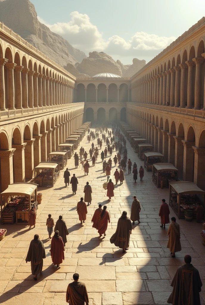 Part of a large stone esplanade, with several Jewish pilgrims dressed in robes and cloaks walking around the place in different directions, with some merchant stalls and parallel to the esplanade a long stone wall with Corinthian style stone columns