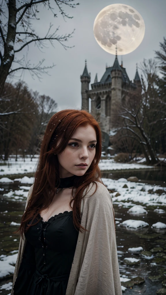 Gothic redhead girl, resting on the shore of an ancient tower, The full moon night, as the snow falls, with trees in the background 
