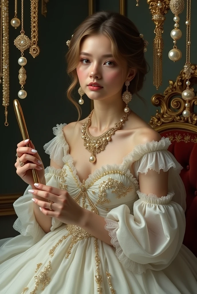 arafed woman in a white dress holding a mirror and pearl, gold and pearl, pearl and gold chains, pearl and chains, Wearing elegant jewelry, The girl with a pearl earring, Rococo queen, jewelry pearl, exquisite aristocratic, pearl, with a mirror, baroque art jewelry, rococo style portrait, Beautiful portrait image, a beautiful fantasy empress, showing off her beautiful nails