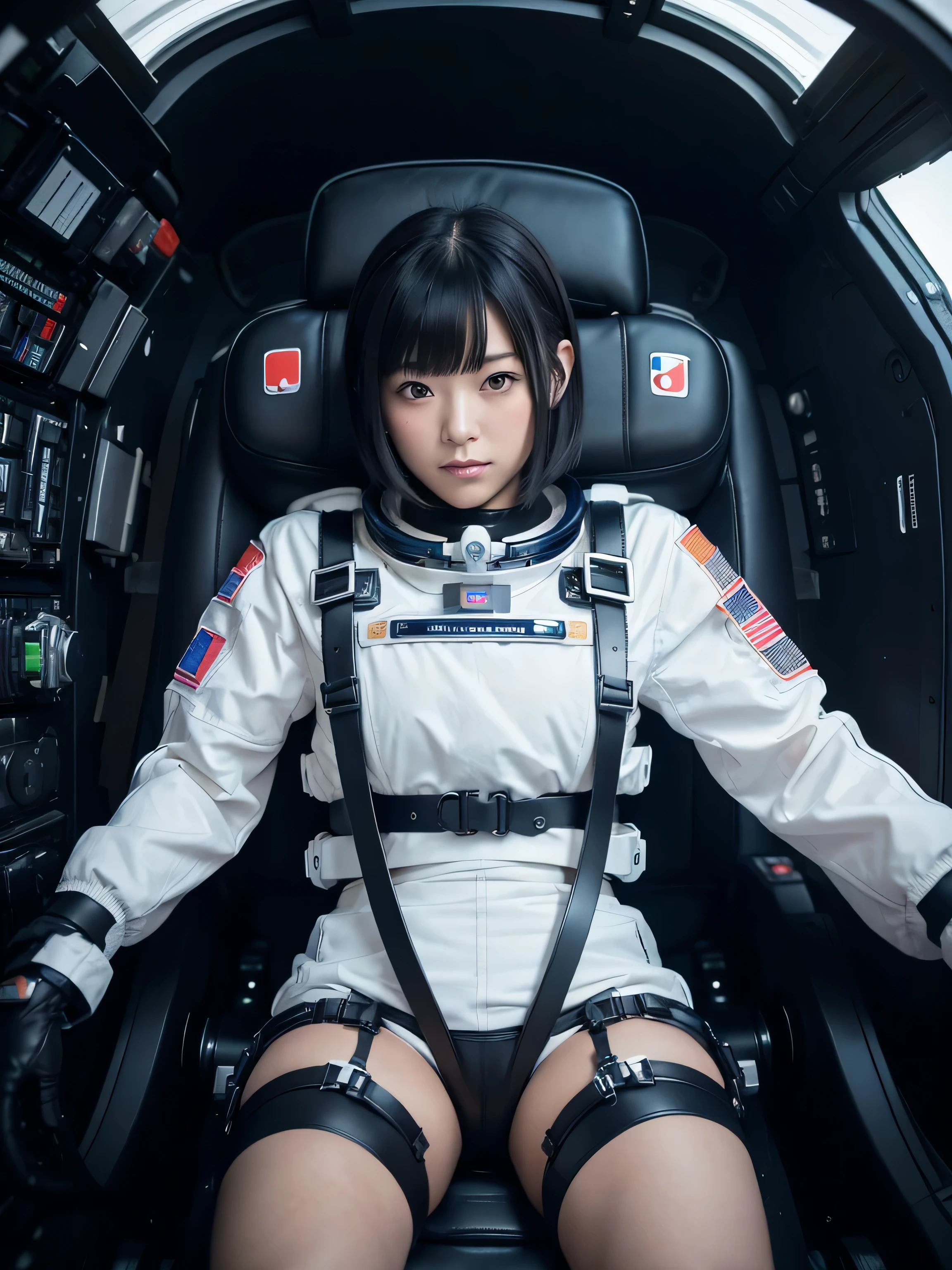 masterpiece, Highest quality, Very detailed, Japanese Android girl, Beautiful Japanese Women, Plump,Control panel,Android,cyborg,Blunt bangs,sitting in the cockpit of a spaceship,astronaut,He is attached to the back of a chair by a thick black harness.,His arms and legs are strapped to the chair with thick black leather straps.,