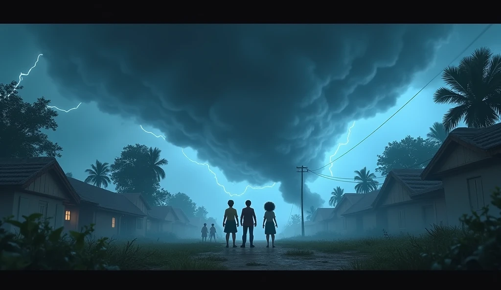 3D Animation Cartoon "Dark storm clouds gather menacingly over the village, the sky turning from blue to ominous shades of gray and black. The wind begins to pick up, bending trees, and rustling leaves. Lightning flashes in the distance, casting eerie light over the village houses. Villagers rush to secure their homes and animals, while Rohaan and his friends stand together, determined and ready to use their powers. The air is filled with tension and anticipation, as the storm looms closer, its powerful winds and dark shadows signaling impending danger. The scene captures the drama"
